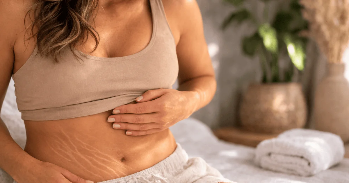 Woman gently touching abdomen with natural stretch marks representing skin confidence