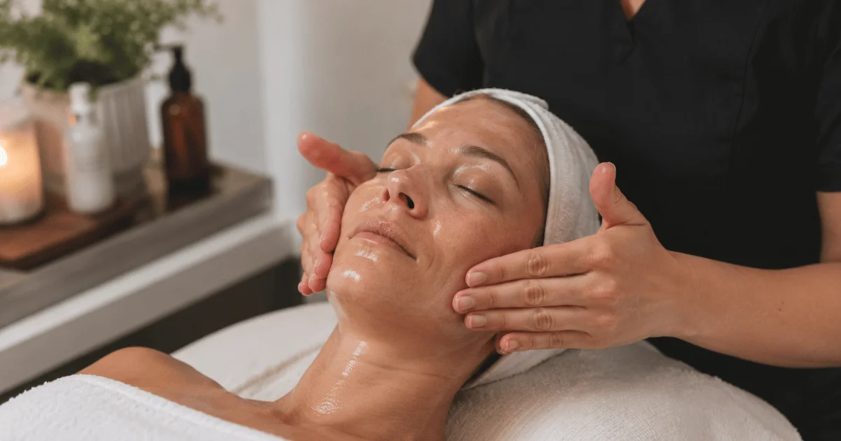 Close-up of a professional esthetician performing a gentle facial massage on a client during a relaxing facial treatment