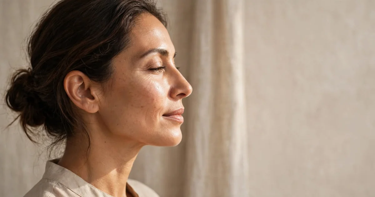 Middle-aged woman in soft natural light highlighting mid-face cheek contour with realistic natural skin texture